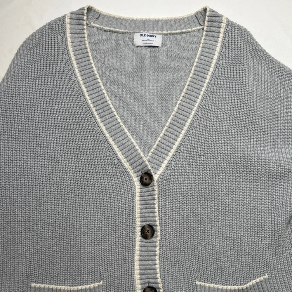 Old Navy Womens Grey Knit Cotton Cardigan Sweater Size XXL Tennis Varsity Preppy - Picture 3 of 8